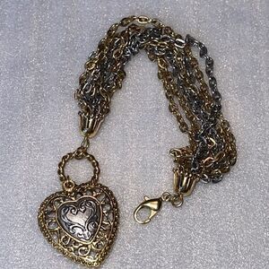 1928 Multi chain gold&silver tone heart charm bracelet